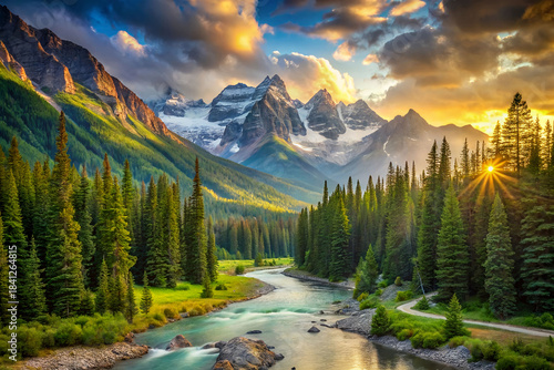 Majestic Mountain River Valley at Sunrise with Pine Forest.