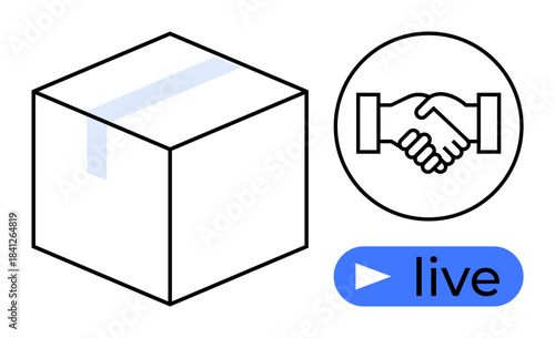 E-commerce concept. E-commerce with a package, handshake transactions, and live streaming for orders. E-commerce in retail, logistics, marketing, digital platforms, business operations