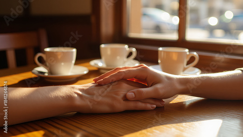 Comforting hands holding across cafe table with coffee cups in warm light.
