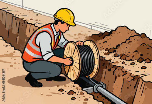 Worker installs cable by a trench with dirt piles