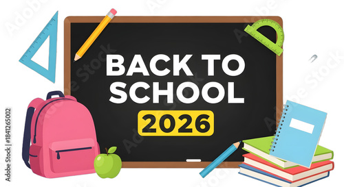 Back to school supplies illustration with chalkboard and backpack isolated on transparent background