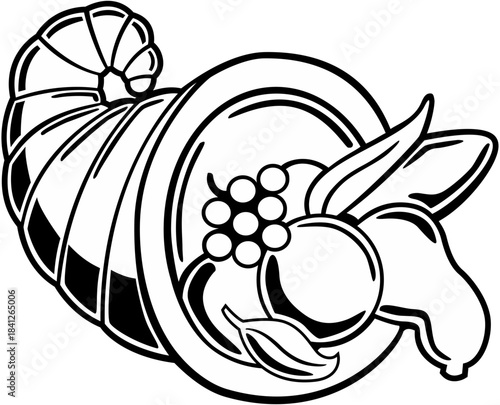 Black and white line art drawing of a cornucopia overflowing with harvest fruits and grapes perfect for thanksgiving decoration or seasonal design projects on transparent background
