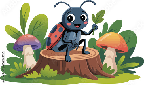 Cute cartoon ladybug on tree stump with mushrooms and green foliage over checkerboard background