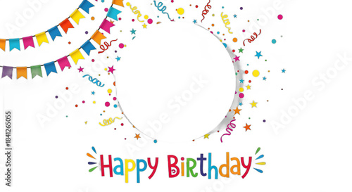 Colorful birthday garland with confetti and happy birthday text isolated on transparent background