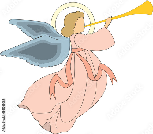 Cartoon angel with blonde hair and blue wings blows a golden trumpet while floating against a in a simple vector style on transparent background