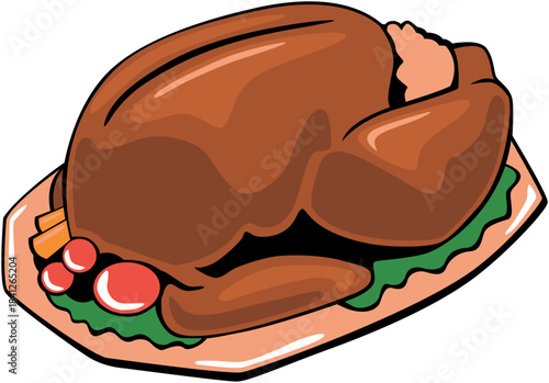 Cartoon illustration of a perfectly roasted brown turkey served on a platter with garnish perfect for holiday feast promotion or food design projects on transparent background