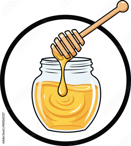 A delightful classic wooden honey dipper gracefully drips luscious golden liquid into a clear glass jar