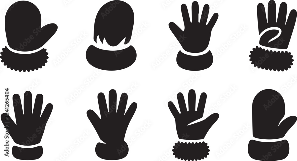 Obraz premium Collection of eight black silhouette icons of mittens and gloves on a white background handwear