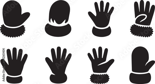 Collection of eight black silhouette icons of mittens and gloves on a white background handwear