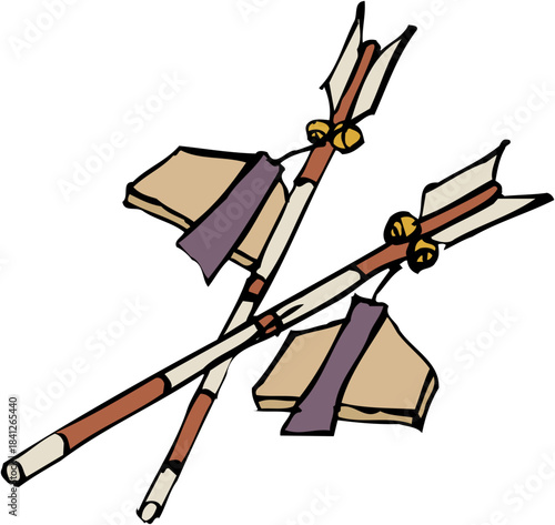 Two crossed japanese kaburaya arrows featuring distinctive signaling feathers and small bells for historical martial arts illustration on transparent background