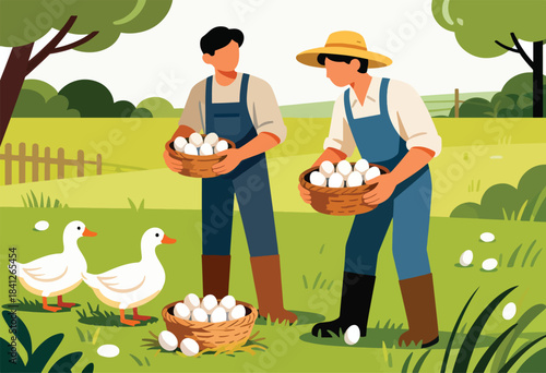 Farmers collecting fresh eggs from ducks in a pastoral setting