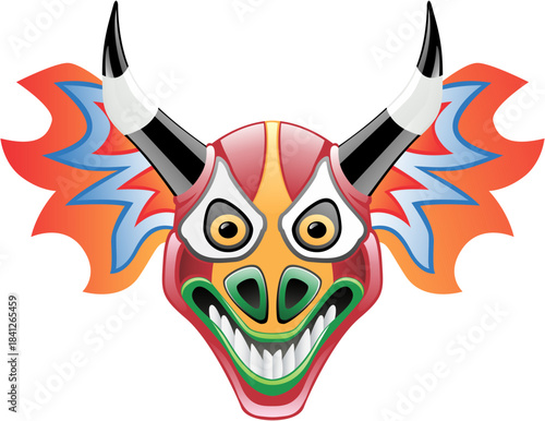 Vibrant colorful vector illustration of a traditional devil or demon mask featuring large horns and exaggerated features perfect for cultural festivals and folklore themes on transparent background