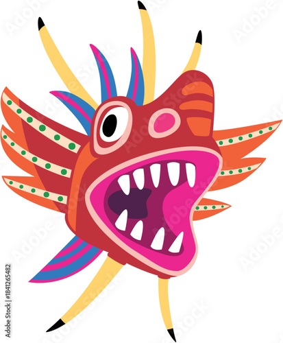 Vibrant stylized illustration of a traditional colorful dragon head mask used in festive cultural parades and celebrations around the world on transparent background