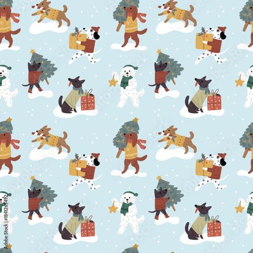 Festive Christmas Dogs Pattern with Winter Gifts, Trees and Cute Pets in Sweaters and Hats