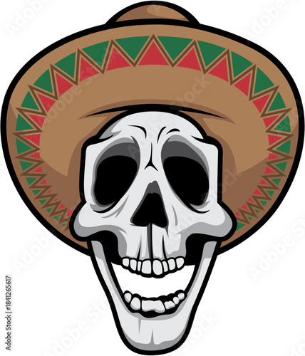 Cartoon grinning skull wearing a traditional brown sombrero hat decorated with red and green zigzag patterns perfect for day of the dead celebrations on transparent background