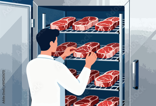 Person in white coat organizing raw steaks in a chilled storage unit