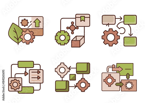 Conceptual illustration representing abstract ideas with gears, boxes, and flowcharts design