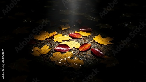 Vibrant autumn leaves glisten under dramatic spotlight