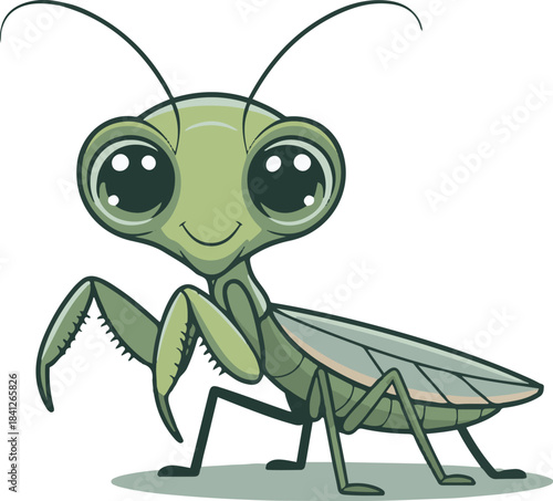 Cute cartoon praying mantis with large sparkly eyes vector illustration on a transparent background for kids projects