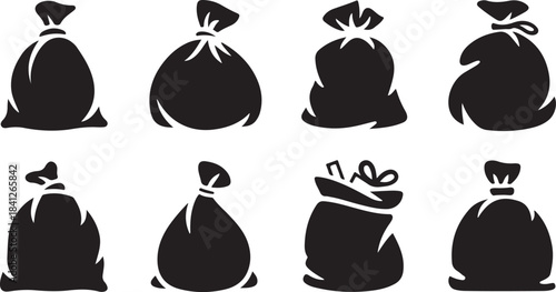 Collection of eight black silhouette icons representing various types of bags sack pouch