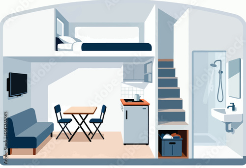Compact dwelling interior with sleeping loft, living area, kitchen, shower, and sink
