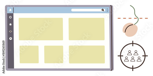Web browser window with content grid, computer mouse, and target icon with user group inside. Ideal for user engagement, interaction analytics, online marketing, usability testing, design strategy