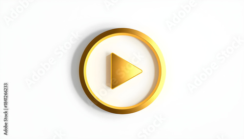 Gold play button 3d vector illustration. Abstract golden circle ring on white background with triangle. Play icon, Press to start. Multimedia, audio, video, cinema, music