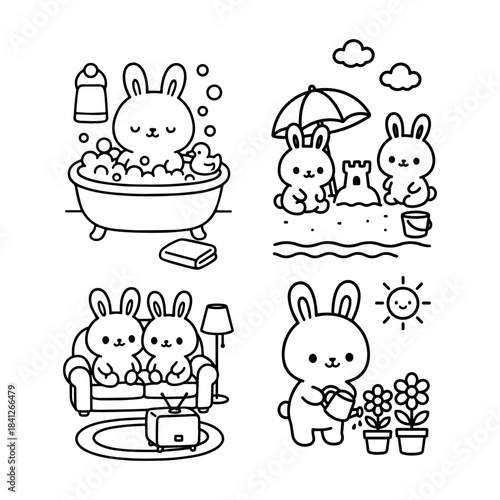 Cute Animal Coloring Pages Set, Cute Bunny Coloring Pages Set Coloring Page Pack. Vector illustration, line art