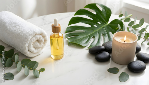 Relaxation and Self-Care Spa Setting with Towel Oil Leaves Stones and Candle View
