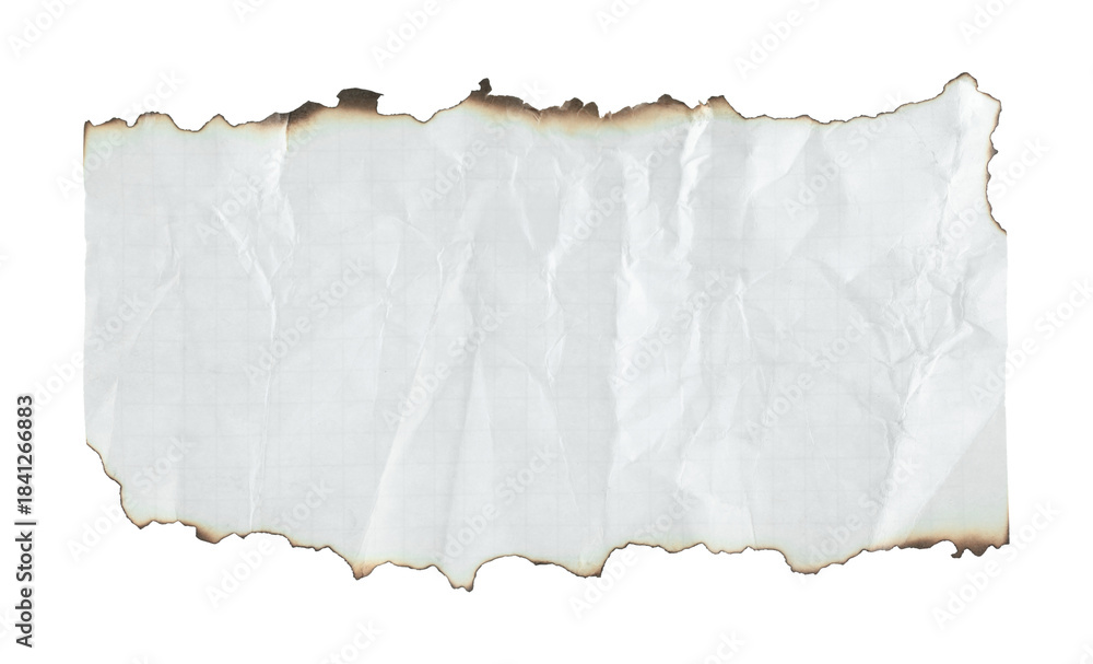 Obraz premium Crumpled torn piece of grid notebook paper with burnt edges, isolated on transparent background. Ideal for creative design, collage, scrapbooking, and graphic projects