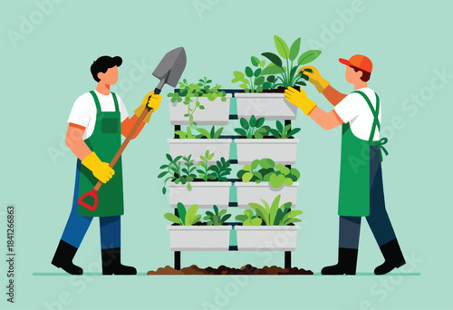 Two people tending a vertical garden with shovels and gloves