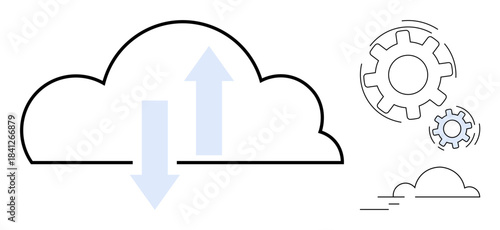 Cloud storage, data synchronization, technology services, system integration, cloud solutions, technical support. Cloud with arrows and gear icons. Cloud storage and data synchronization concepts