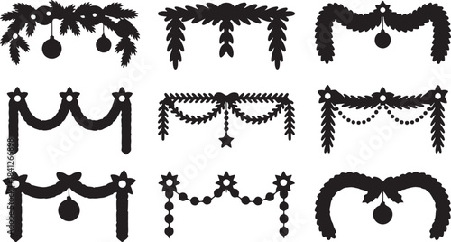 Collection of nine black silhouette Christmas garlands and borders with ornaments and pine branches decoration