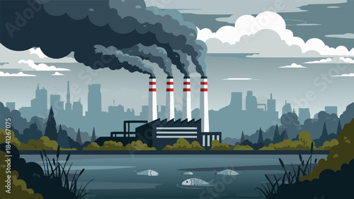 Industrial factory with smoking chimneys polluting the air and a lake with dead fish in the foreground.