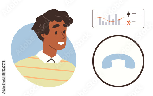 Young person with smile and striped shirt, paired with progress and demographic chart, phone receiver. Ideal for success, communication, connection, teamwork, progress, achievements personal growth