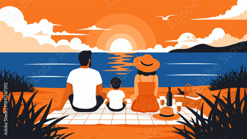 A family enjoys a serene sunset picnic on the beach, with the ocean stretching out before them.