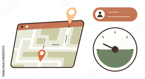 Map with location markers and route, user profile text box, and half-circle speedometer. Ideal for navigation, analytics, tracking, productivity, time management, journey planning simple flat