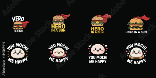 Burger and mochi cartoon collection with puns Keywords: burger, hamburger, hero, bun, cape