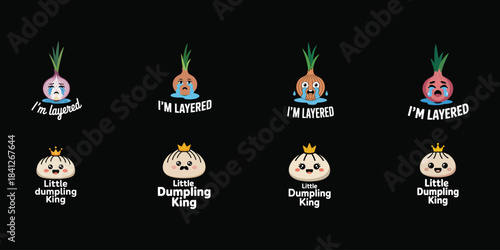 Cute cartoon onions and dumplings with funny text for food lovers Keywords: onion, onions