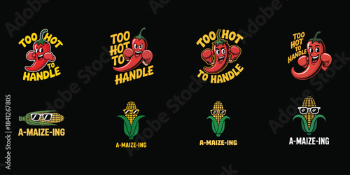 Funny cartoon chili peppers and corn with text for food lovers Keywords: chili pepper, corn