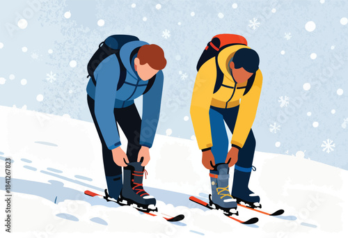 Two people in snowy landscape adjusting ski boots and bindings