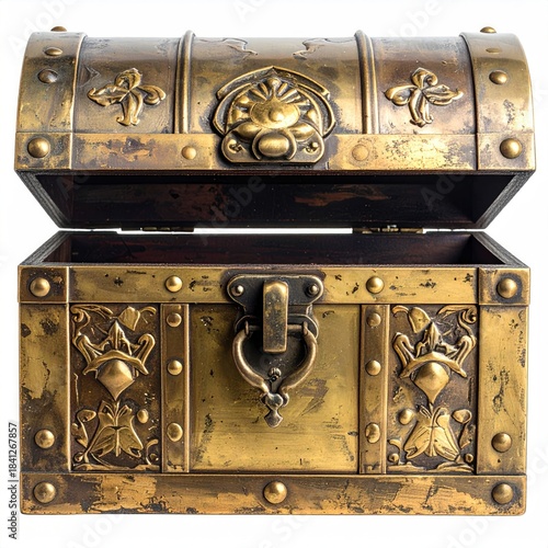 Ornate, brassy chest with open lid, detail-rich surface