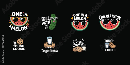 Humorous cartoon fruits and cookies with funny text for food lovers Keywords: watermelon, pickle