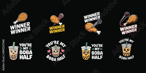 Funny cartoon fried chicken and boba tea with text for food lovers Keywords: fried chicken