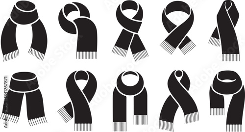 Collection of ten black scarf icons in various knot and loop styles on a white background Keywords: scarf, winter, clothing, accessory, fashion, textile, fabric, knit, knitted, fringe, tassels