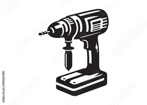 drill machine logo silhouette vector, power drill silhouette vector illustration, construction tool logo silhouette, drilling machine logo silhouettes vector on white background