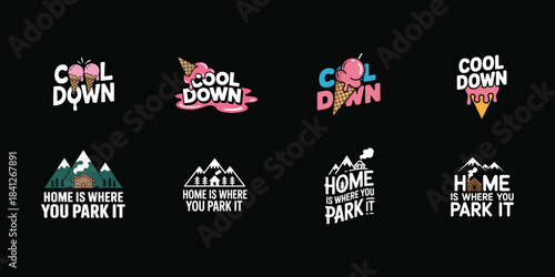 Ice cream and mountain home illustrations with text cool down melting