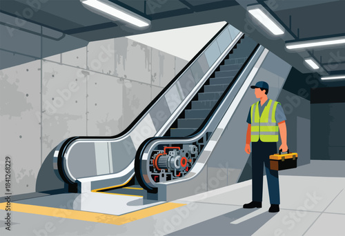 Technician with toolbox near exposed escalator mechanism and concrete wall