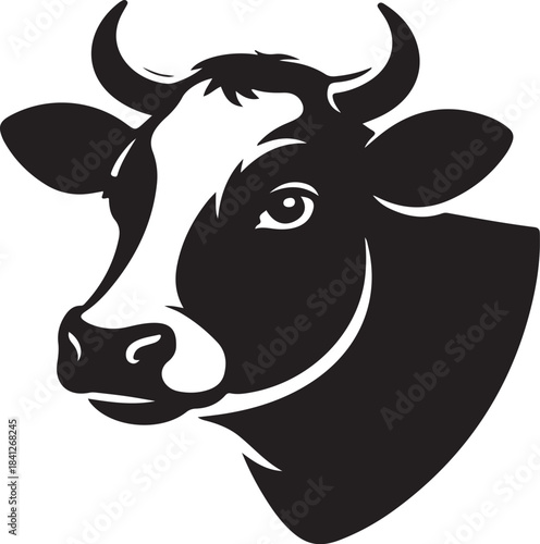 Black and white stylized cow head with horns and white markings on face cattle animal