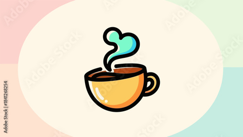 Stylized Coffee Cup with Rising Steam in Heart Shape.
